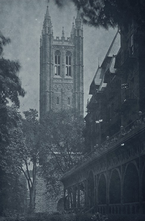 Tower, viewed from west, with University Hall in foreground (photo before 1916)