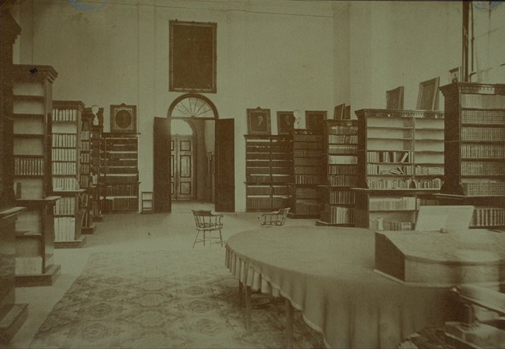 Interior, library in south wing, looking toward entrance circa 1868