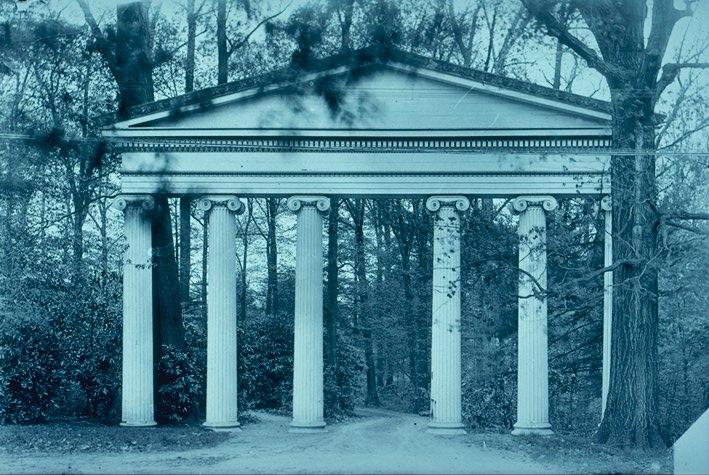 Original Cliosophic  Hall portico re-erected as entrance gate to Guernsey Hall
