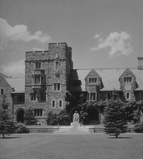 Main court (Thompson Quadrangle), looking north toward statue of Dean West