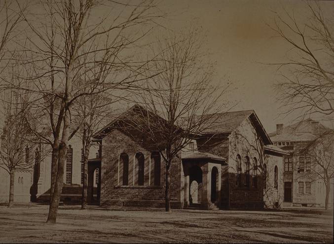 Old Chapel as viewed from the southwest, with Dickinson Hall at right (photo circa 1873-76)