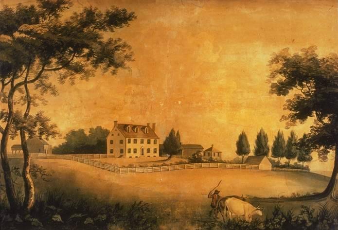 Col. Morgan's House, predecessor on site (painting by Maria Templeton, 1797)