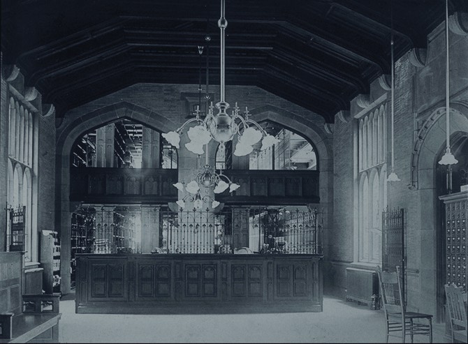 Interior, circulation desk (photo early 20th century?)