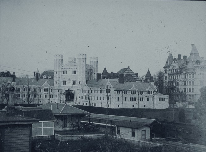 Blair Hall viewed from the southwest, with railroad station (photo before clock installed)