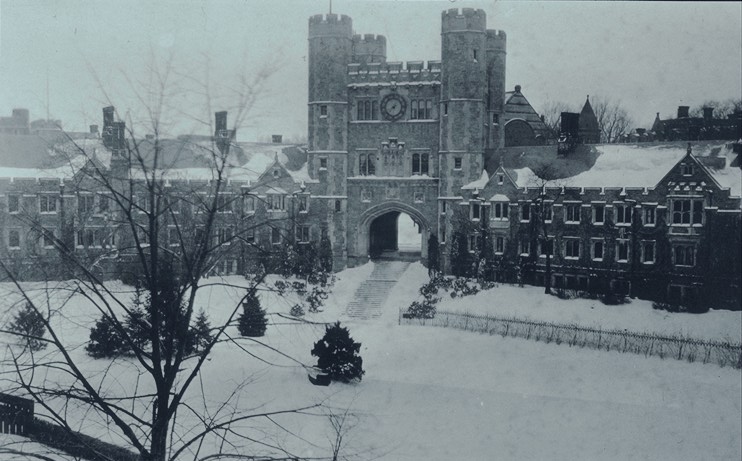 View from southwest in winter (photo 1920's or 30's, after removal of railroad station)