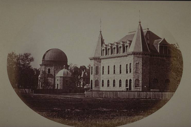 View from southeast, with Bonner-Marquand Gymnasium in the foreground and Halstead Observatory in background, 1871