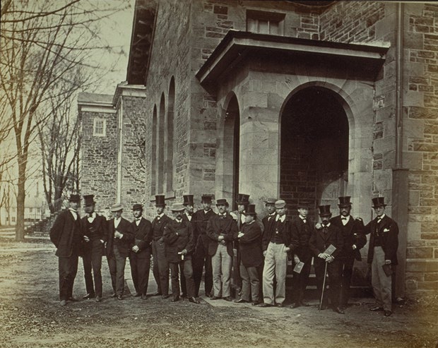Students in front of southwest entrance, with Philosophical Hall in background (photo from album, 1868)