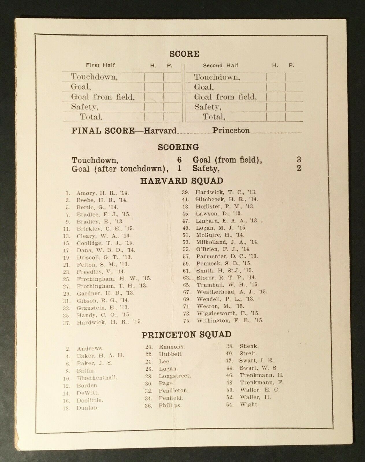 Princeton v. Harvard 1912 Score Card rosters