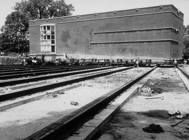 Corwin Hall being moved on tracks