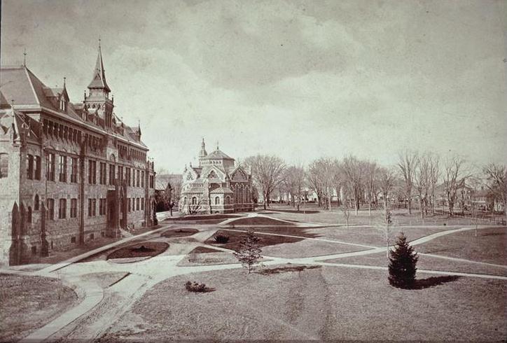 East Front Campus, looking west, with Chancellor Green Library in background and Dickinson Hall at left (photo after 1876)